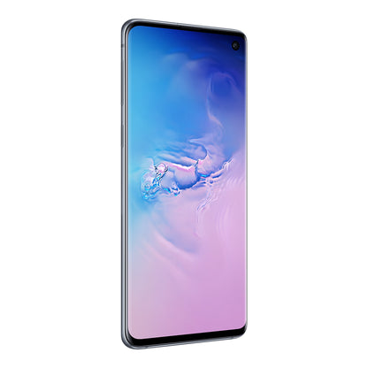 Samsung Galaxy S10 in Prism Blue, angled view (left)
