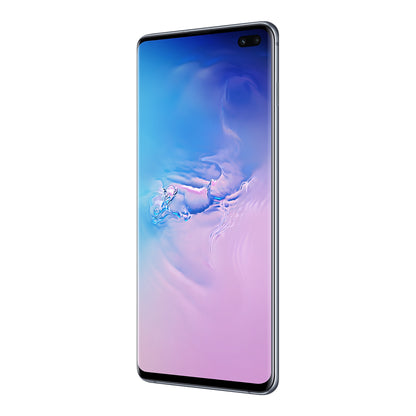 Samsung Galaxy S10+ in Prism Blue, angled view (right)