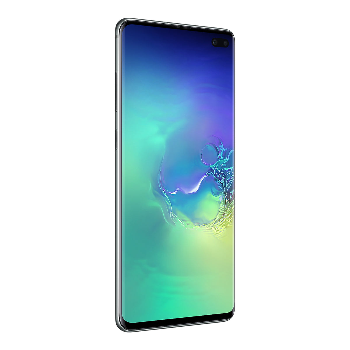 Samsung Galaxy S10+ in Prism Green, angled view (left)