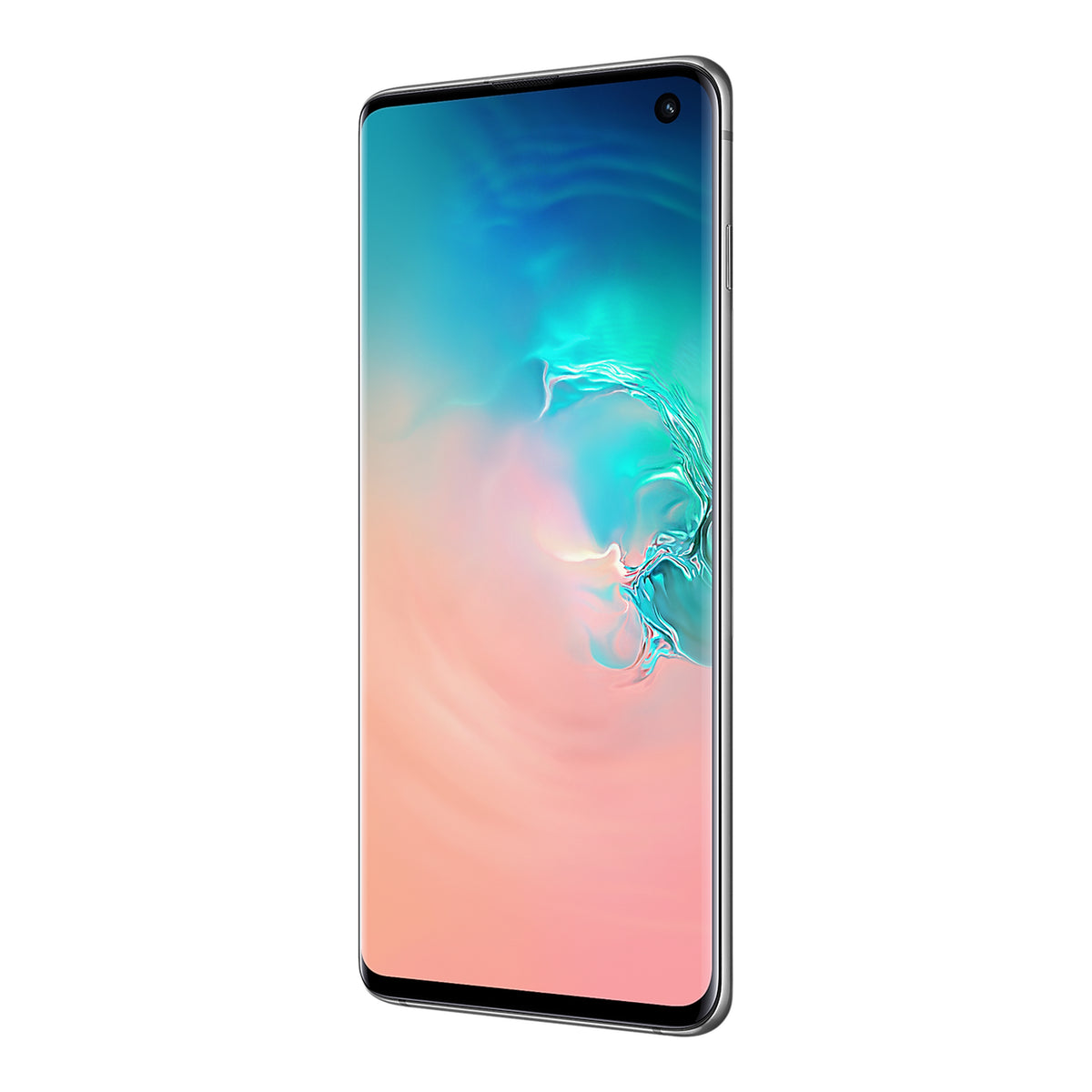 Samsung Galaxy S10 in Prism White, angled view (right)
