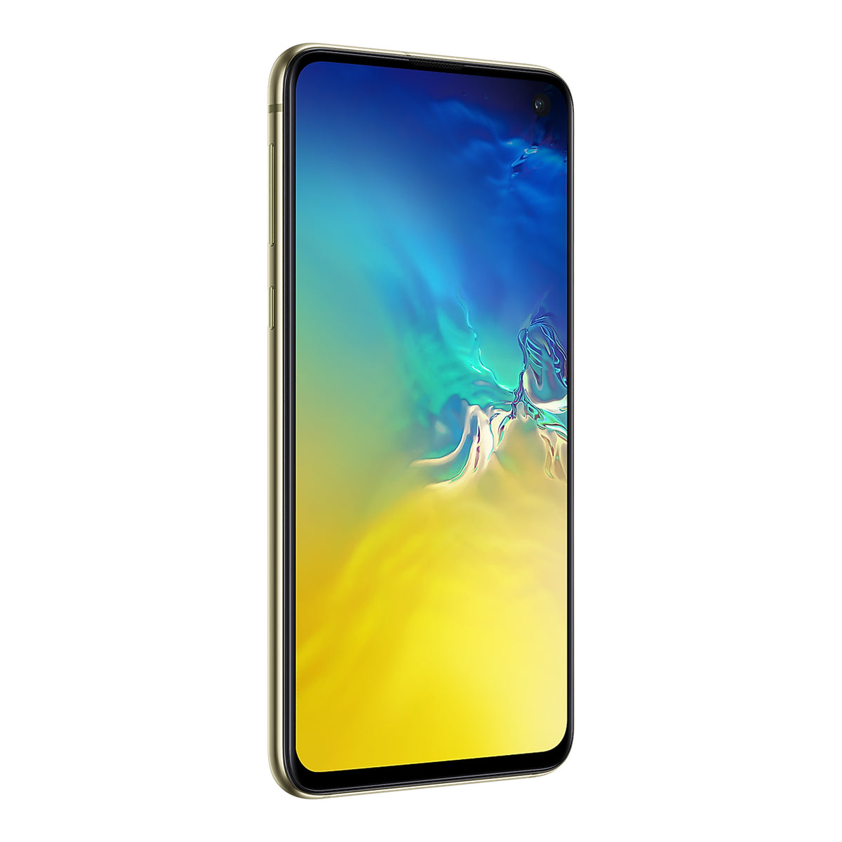 Samsung Galaxy S10e in Canary Yellow, angled view (left)