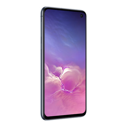 Samsung Galaxy S10e in Prism Black, angled view (left)