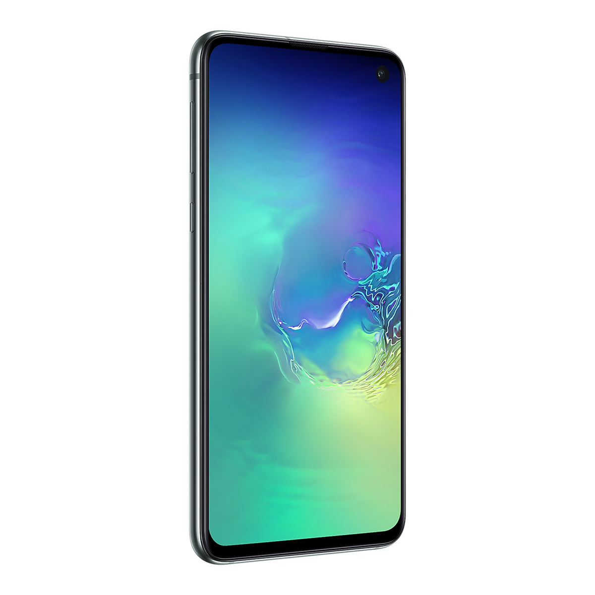 Samsung Galaxy S10e in Prism Green, angled view (left)