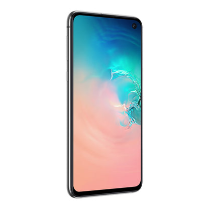 Samsung Galaxy S10e in Prism White, angled view (left)