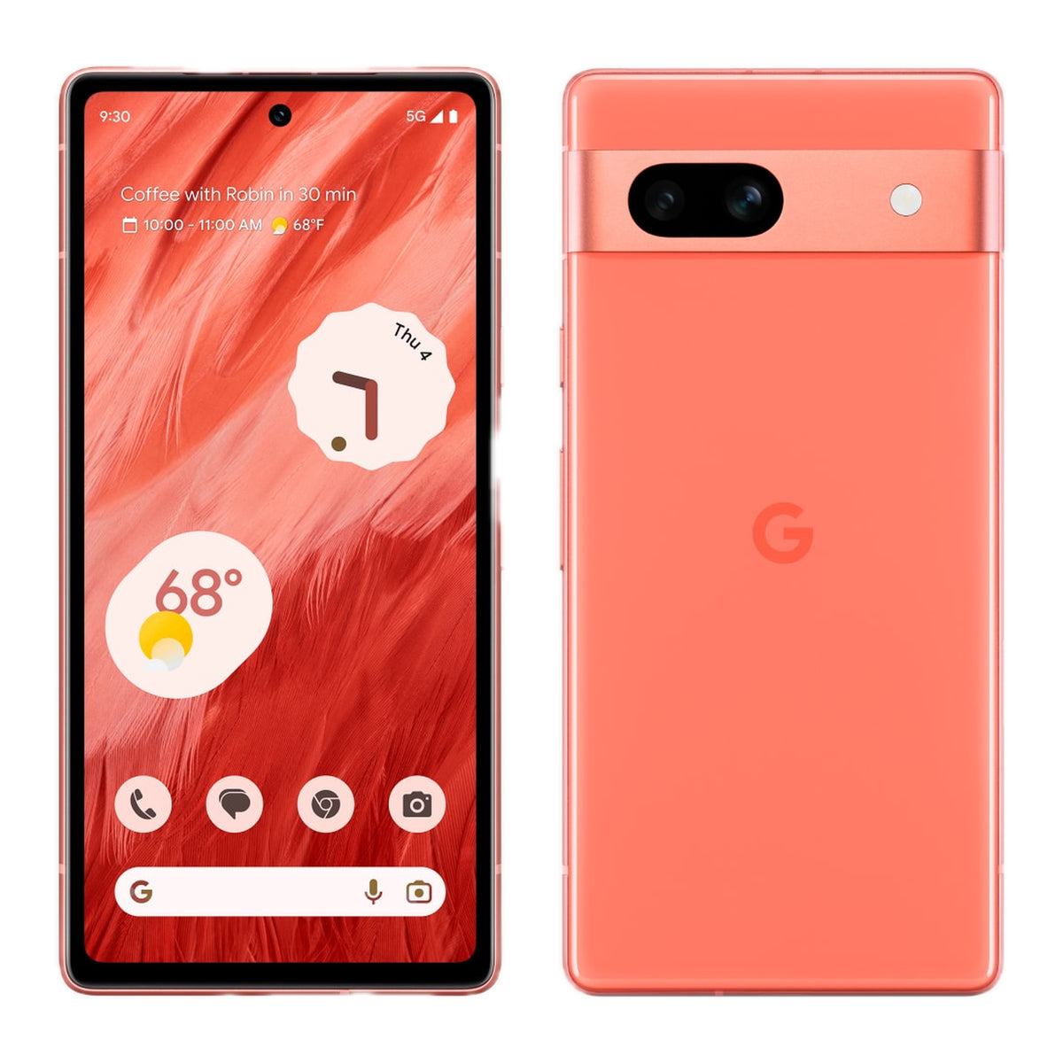 Google Pixel 7a in Coral, front and back