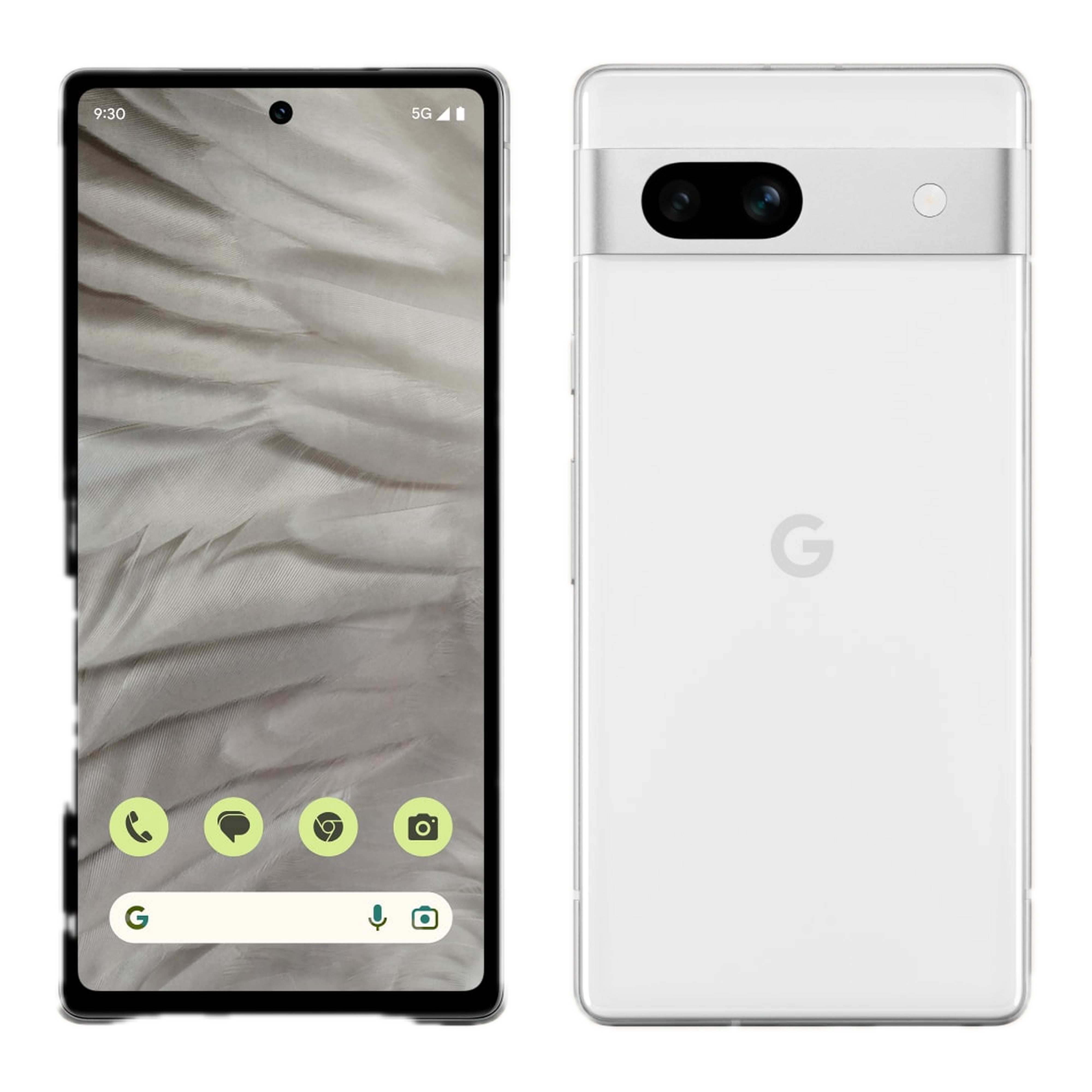 Google Pixel 7a in Snow, front and back