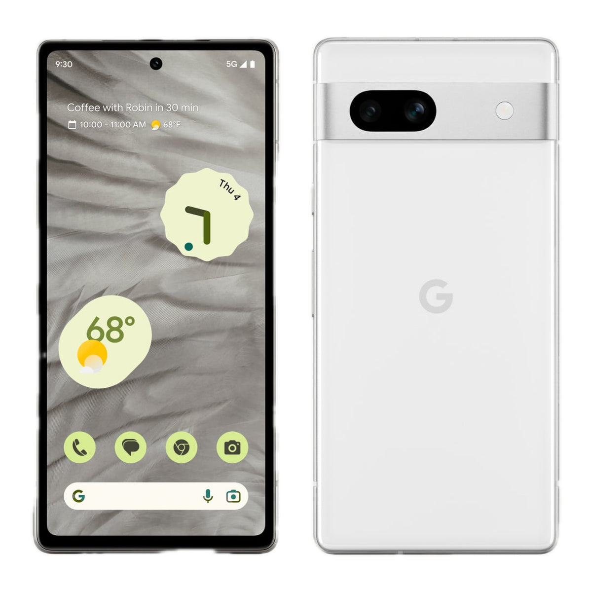 Google Pixel 7a in Snow, front and back