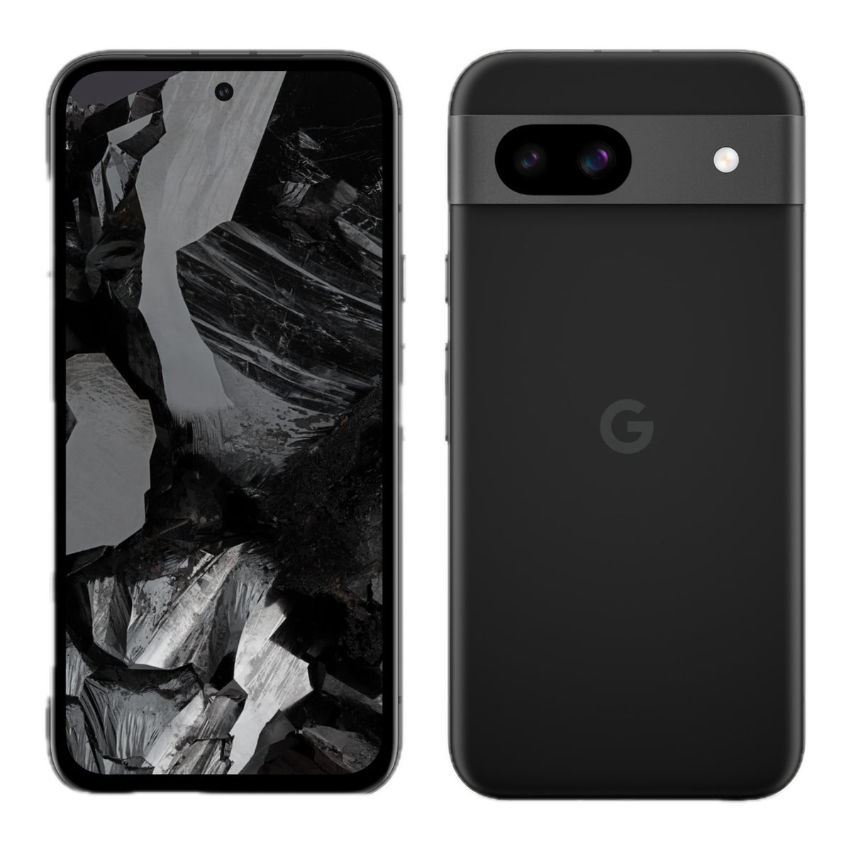 Google Pixel 8a in Obsidian, front and back