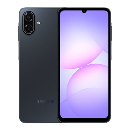 Samsung Galaxy A07 5G in Black, front and back view