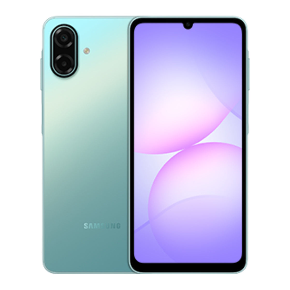 Samsung Galaxy A07 5G in Light Green, front and back view