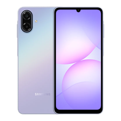 Samsung Galaxy A07 5G in Light Violet, front and back view