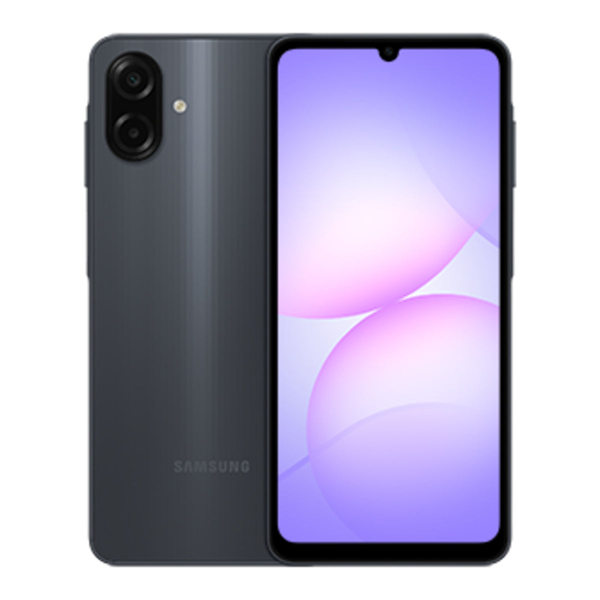 Samsung Galaxy A07 in Black, front and back view
