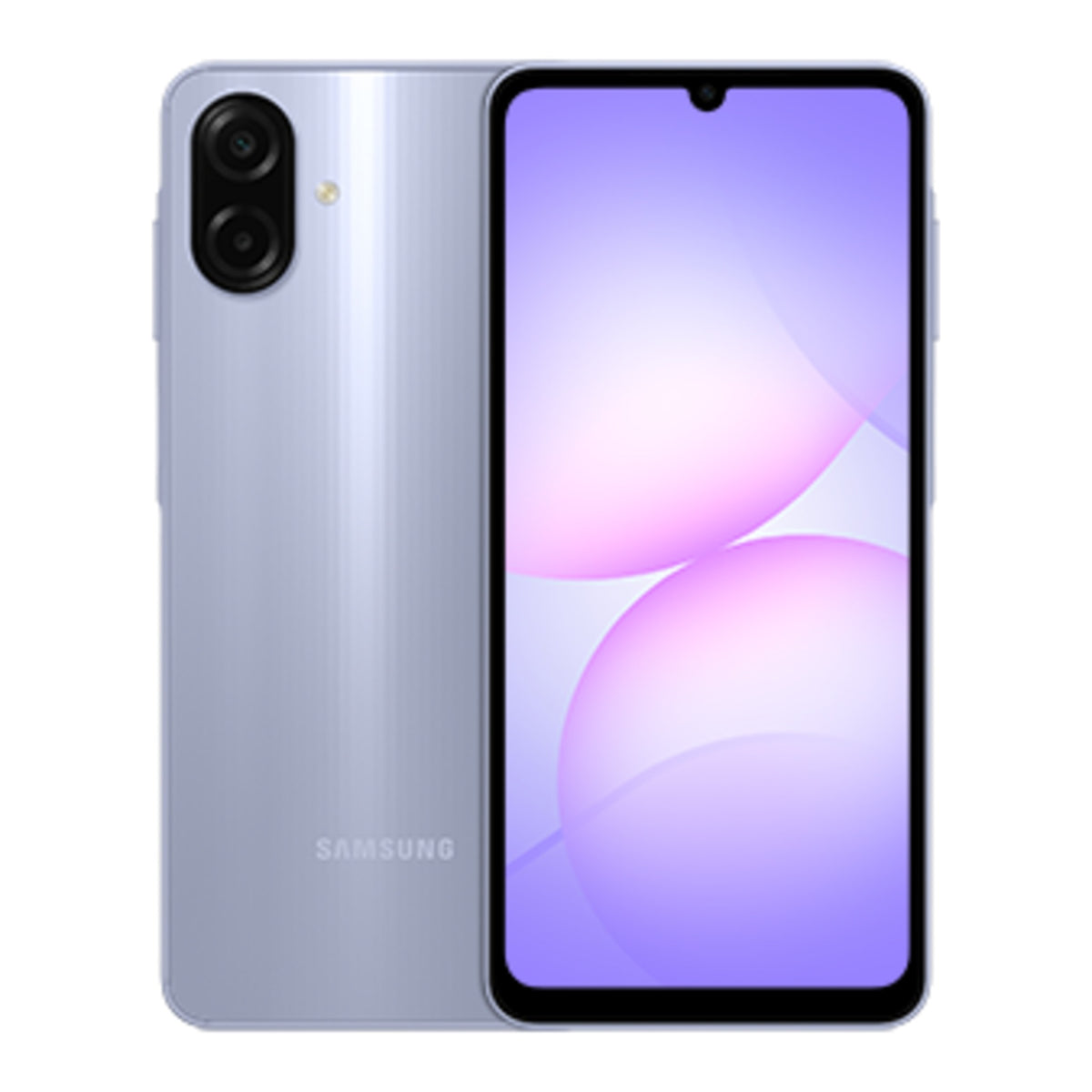Samsung Galaxy A07s 64GB in Light Violet, front and back view