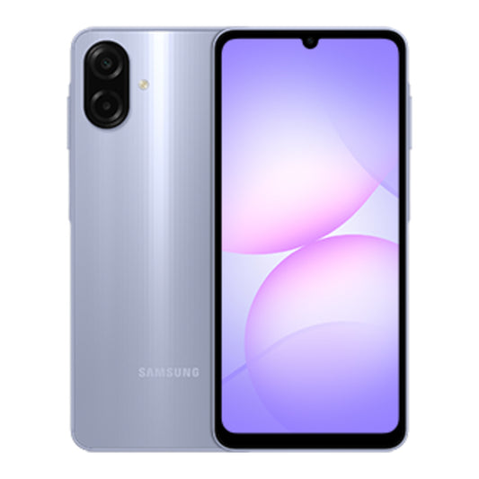 Samsung Galaxy A07s 64GB in Light Violet, front and back view