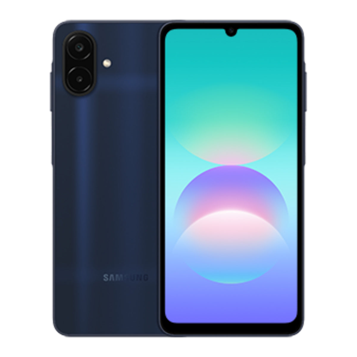 Samsung Galaxy A08 64GB in Dark Blue, front and back view