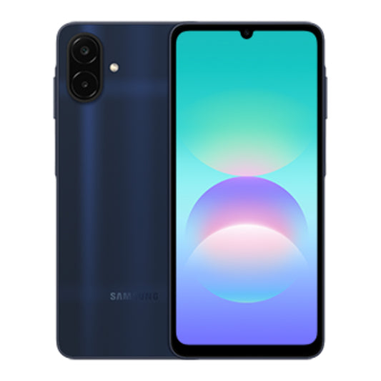 Samsung Galaxy A08 64GB in Dark Blue, front and back view