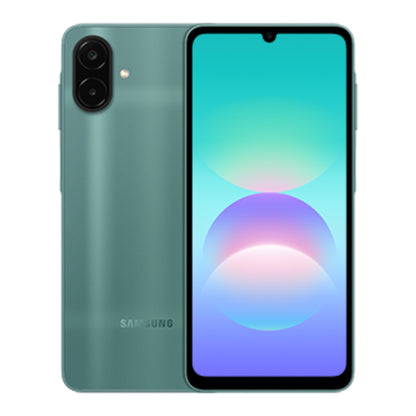 Samsung Galaxy A08 64GB in Green, front and back view
