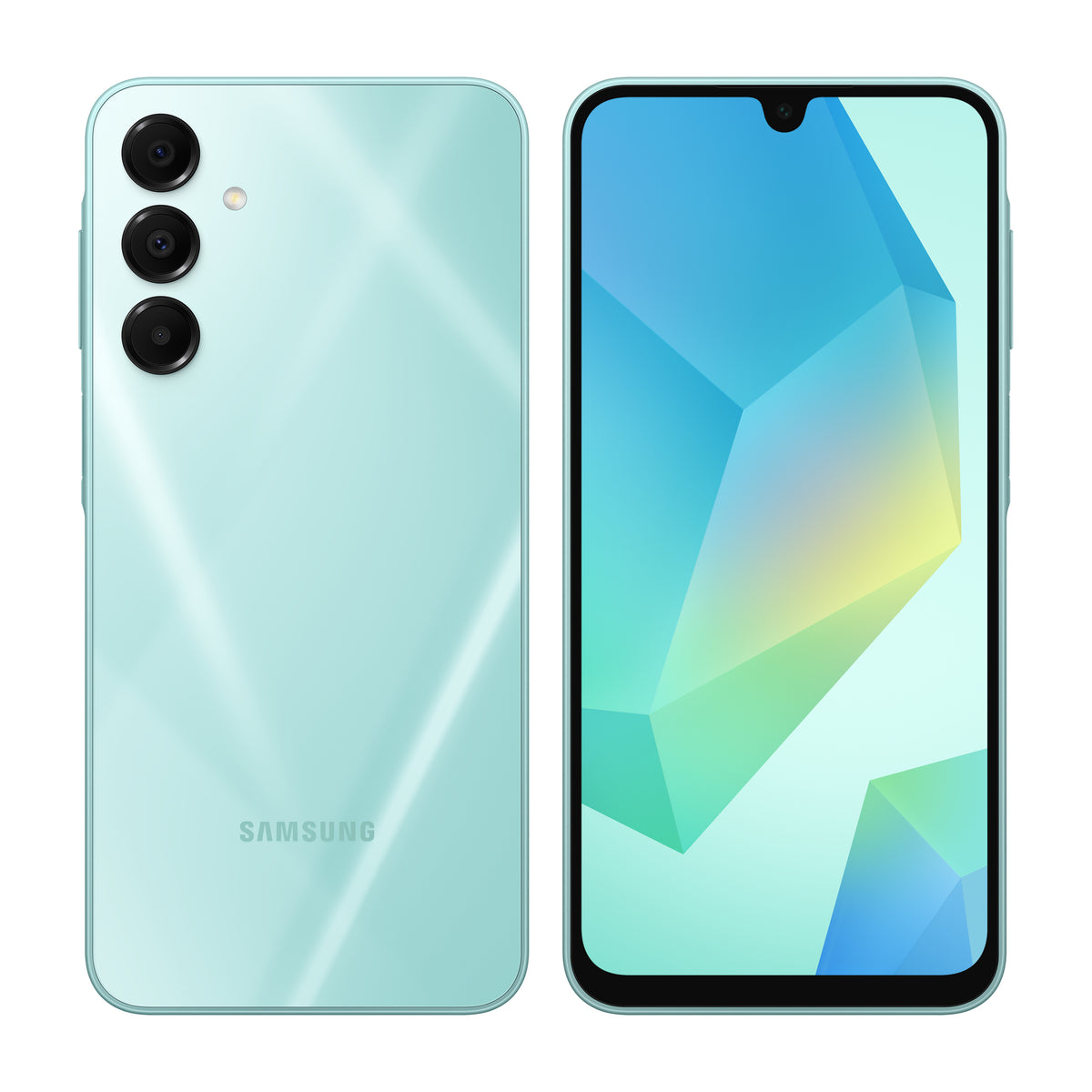 Samsung Galaxy A16 5G in Light Green, front and back view
