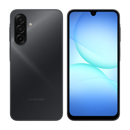 Samsung Galaxy A17 in Black, front and back view
