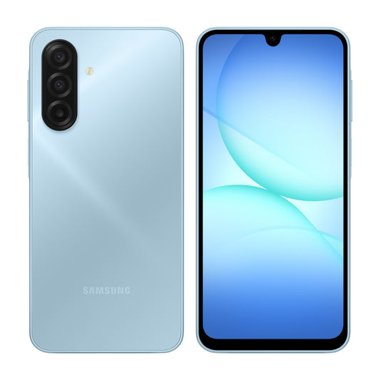 Samsung Galaxy A17 in Light Blue, front and back view