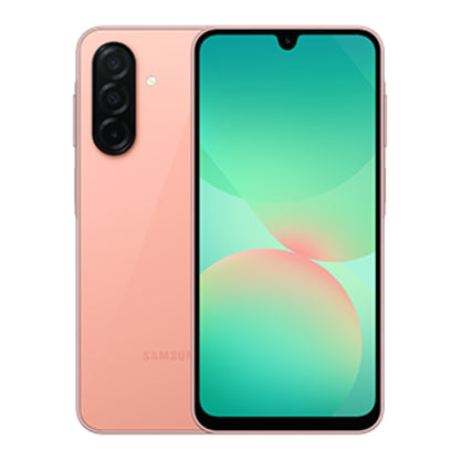 Samsung Galaxy A26 5G in Peach Pink, front and back view