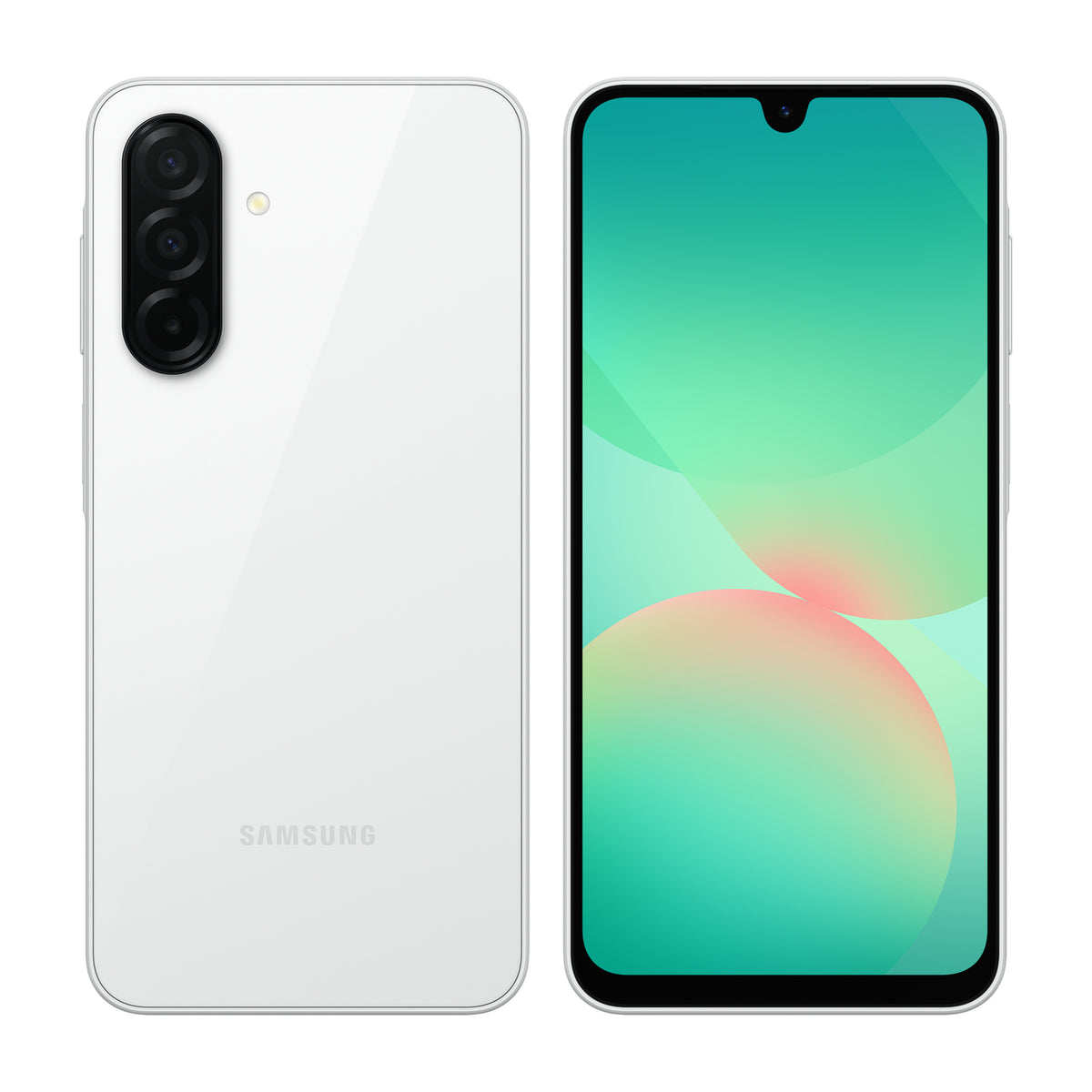 Samsung Galaxy A26 5G in White, front and back view