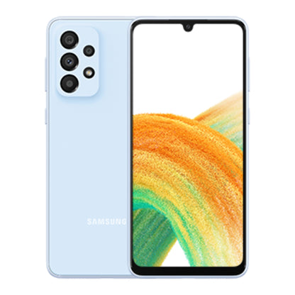 Samsung Galaxy A33 5G in Awesome Blue, front and back view