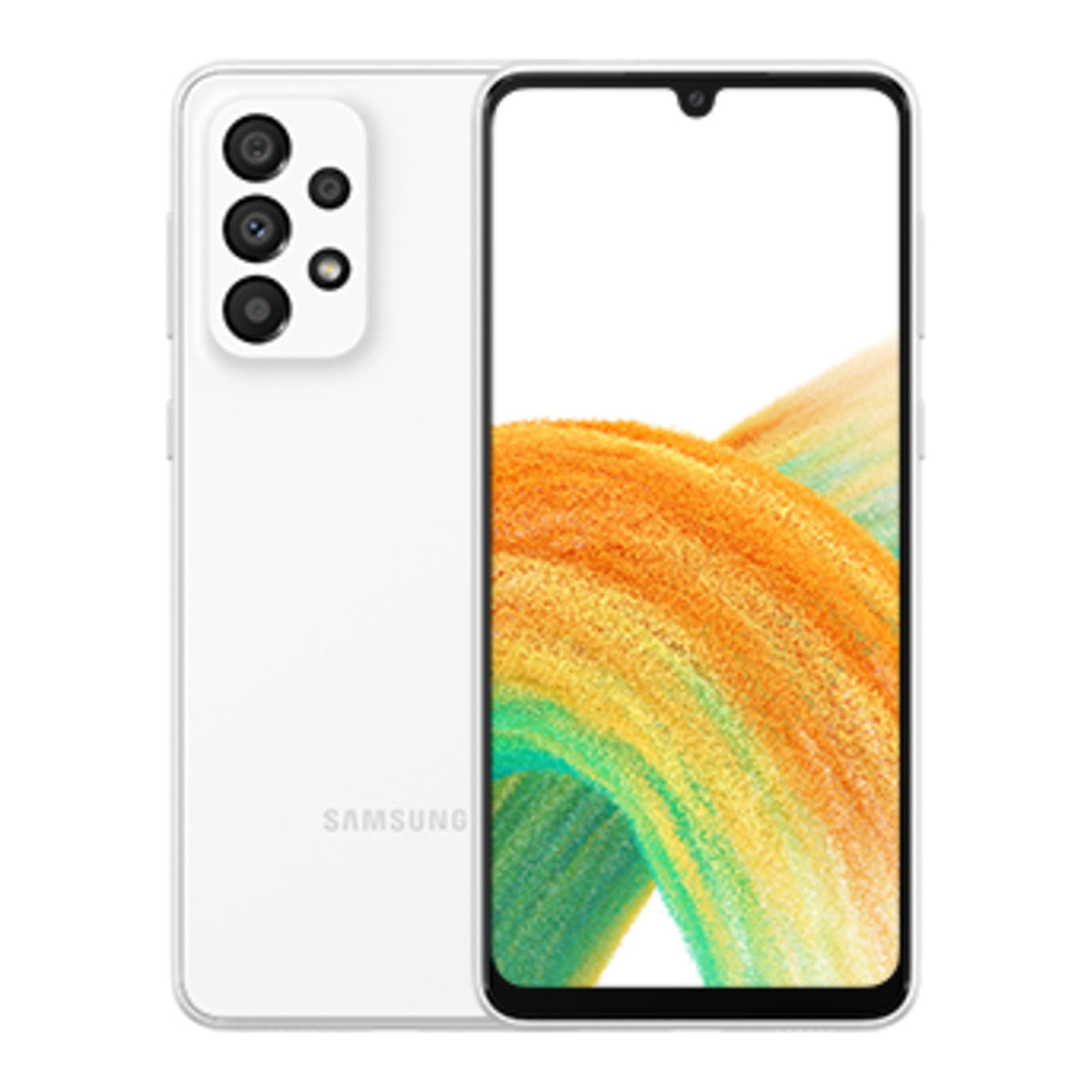 Samsung Galaxy A33 5G in Awesome White, front and back view