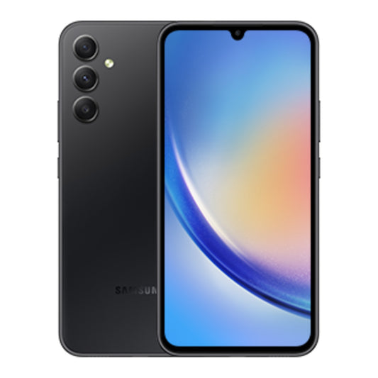 Samsung Galaxy A34 5G in Awesome Graphite, front and back view