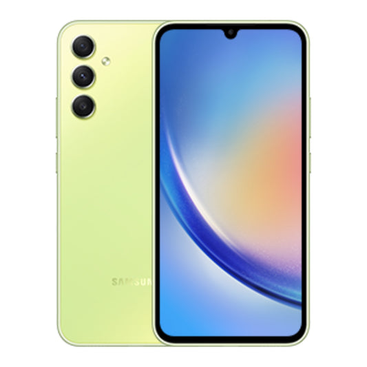 Samsung Galaxy A34 5G in Awesome Lime, front and back view