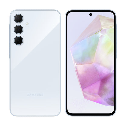 Samsung Galaxy A35 5G in Awesome Iceblue, front and back view