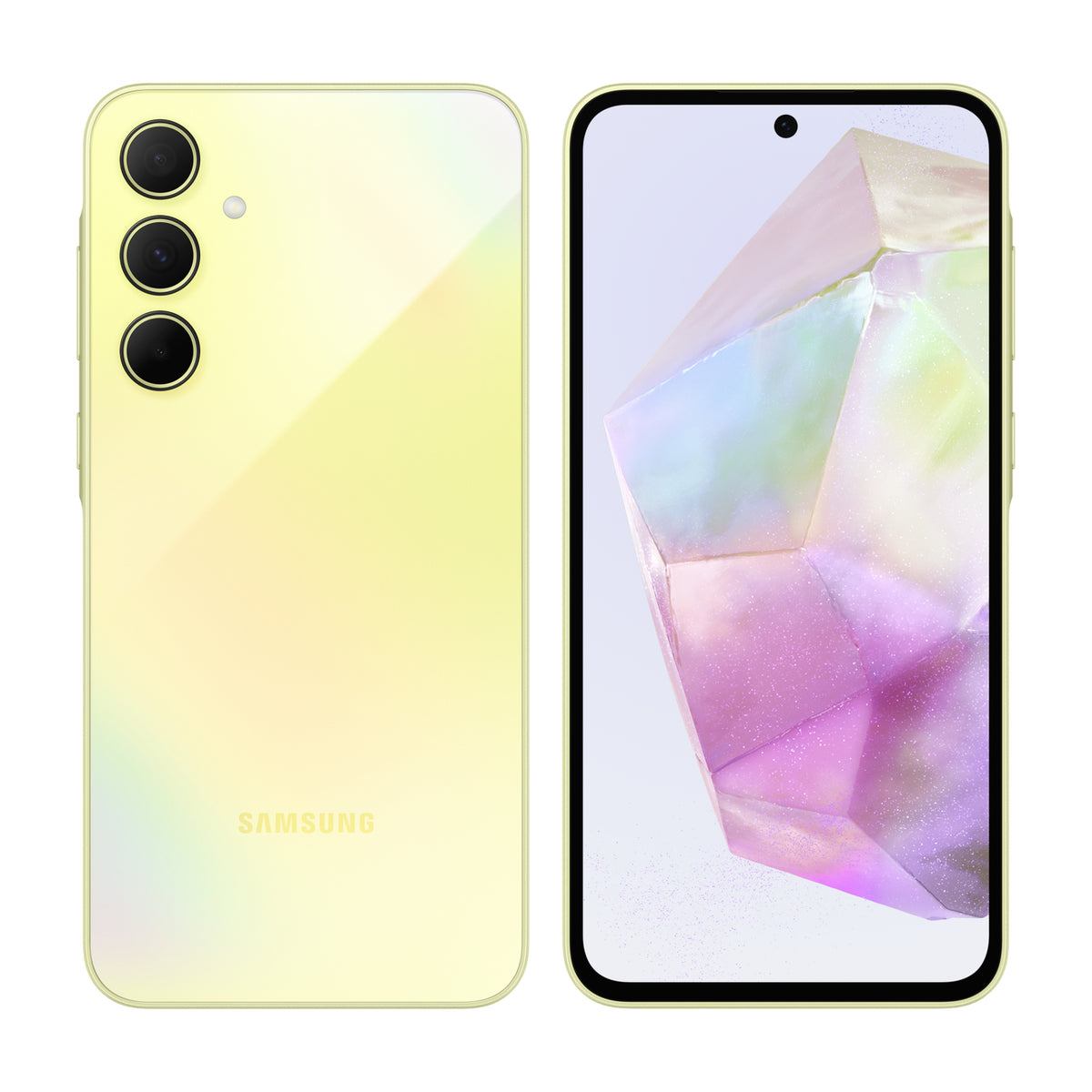 Samsung Galaxy A35 5G in Awesome Lemon, front and back view