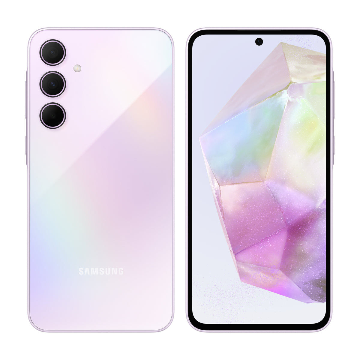 Samsung Galaxy A35 5G in Awesome Lilac, front and back view
