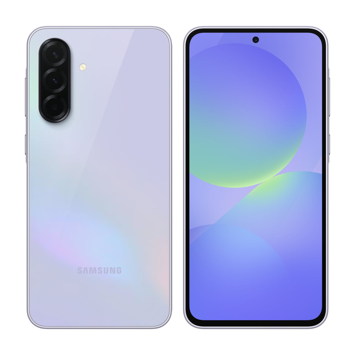 Samsung Galaxy A36 5G in Awesome Lavender, front and back view