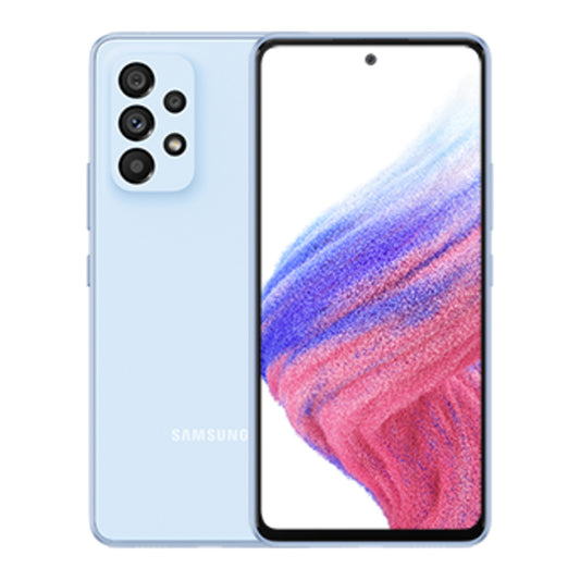 Samsung Galaxy A53 5G in Awesome Blue, front and back view