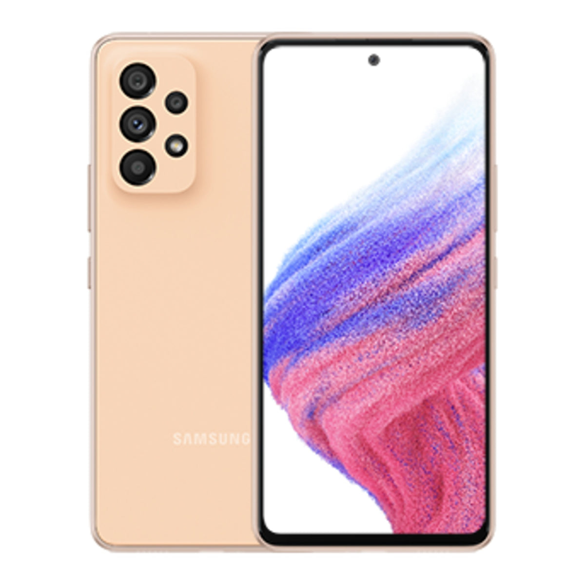 Samsung Galaxy A53 5G in Awesome Peach, front and back view