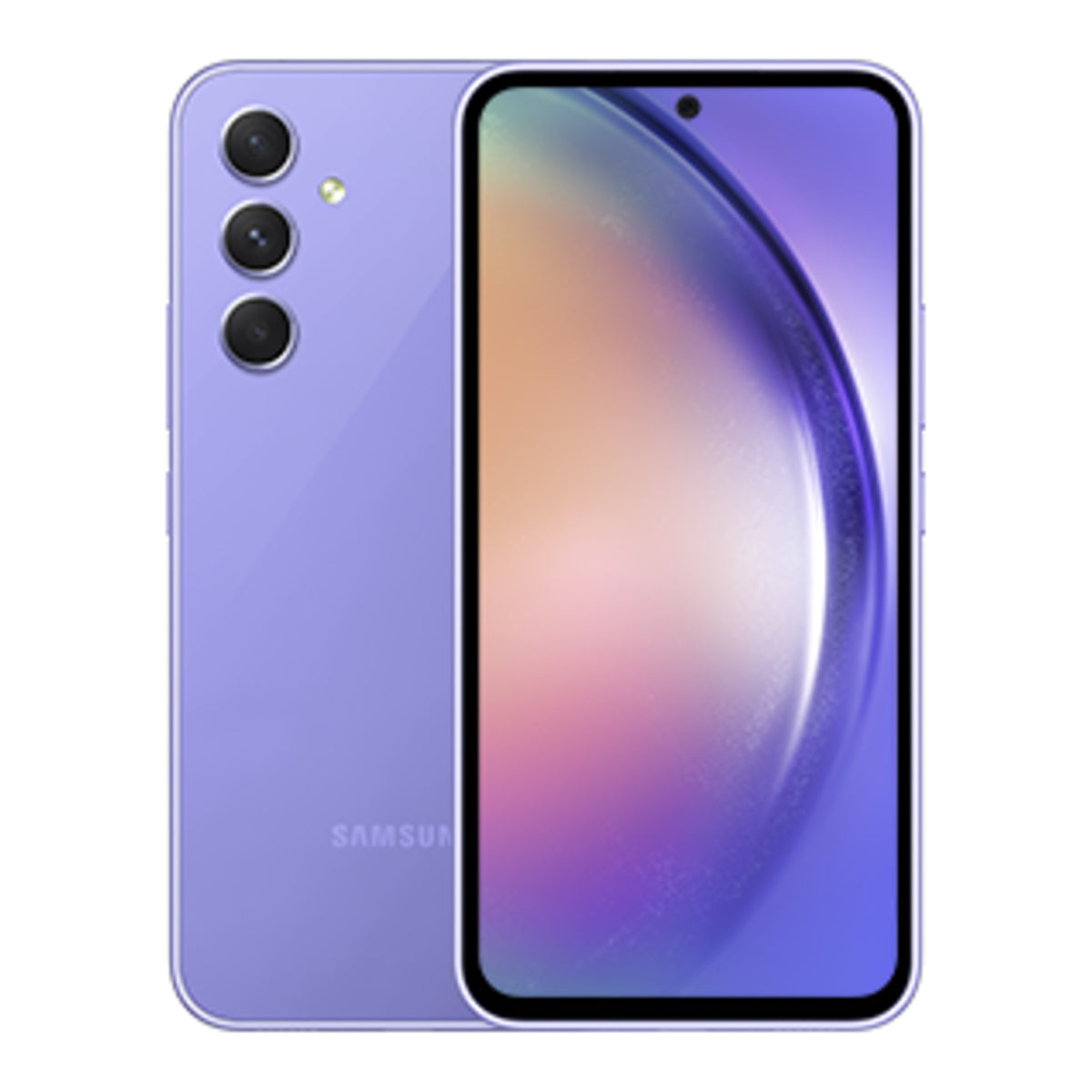 Samsung Galaxy A54 5G in Awesome Violet, front and back view