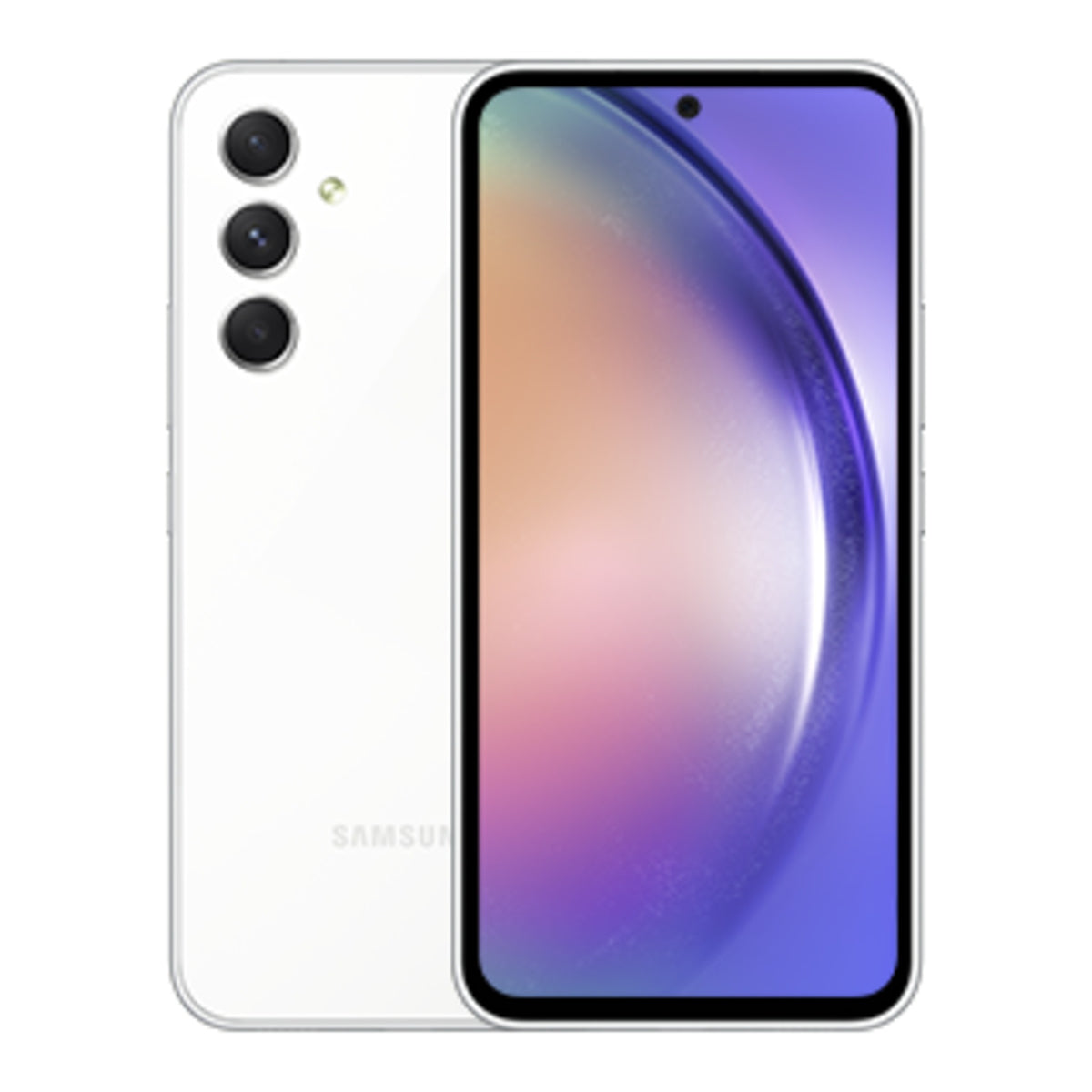 Samsung Galaxy A54 5G in Awesome White, front and back view