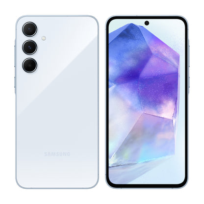 Samsung Galaxy A55 5G in Awesome Iceblue, front and back view