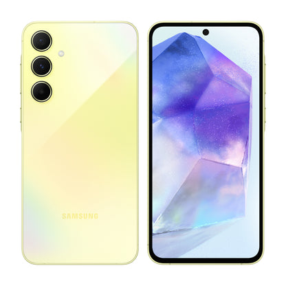 Samsung Galaxy A55 5G in Awesome Lemon, front and back view