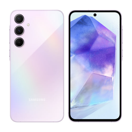 Samsung Galaxy A55 5G in Awesome Lilac, front and back view
