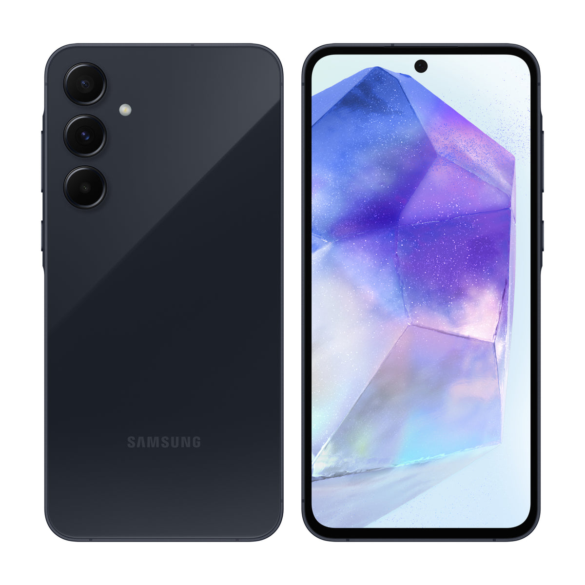 Samsung Galaxy A55 5G in Awesome Navy, front and back view