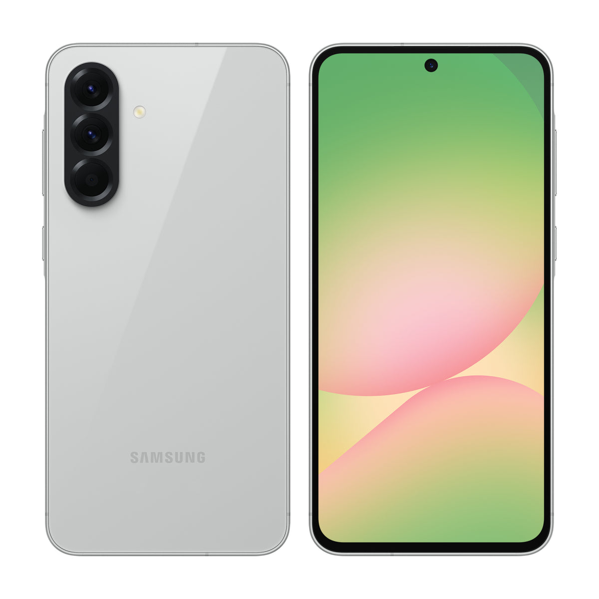 Samsung Galaxy A56 5G in Awesome Light Gray, front and back view