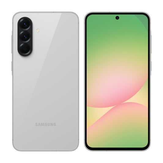 Samsung Galaxy A56 5G in Awesome Light Gray, front and back view