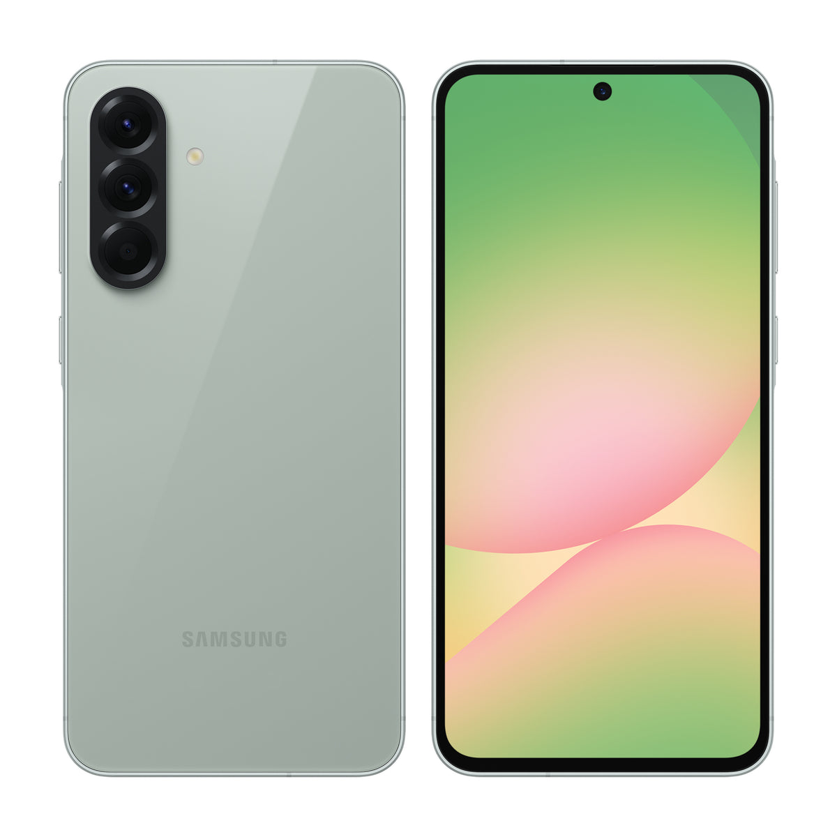 Samsung Galaxy A56 5G in Awesome Olive, front and back view