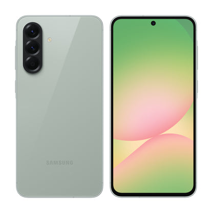 Samsung Galaxy A56 5G in Awesome Olive, front and back view