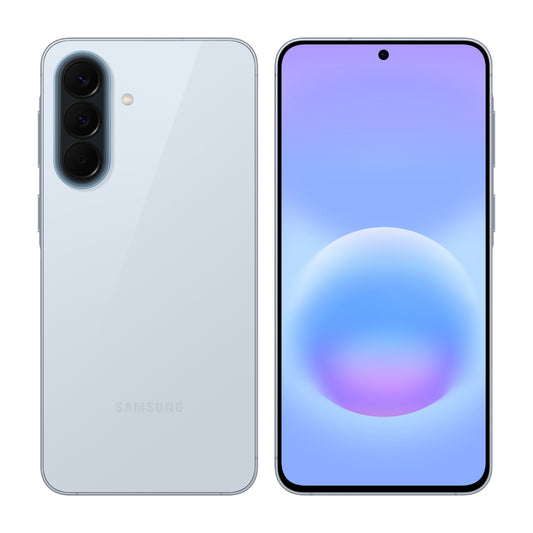 Samsung Galaxy A57 5G 256GB in Awesome Icyblue, front and back view