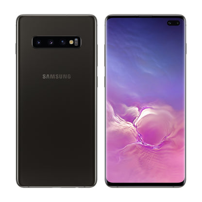 Samsung Galaxy S10+ in Ceramic Black, front and back view