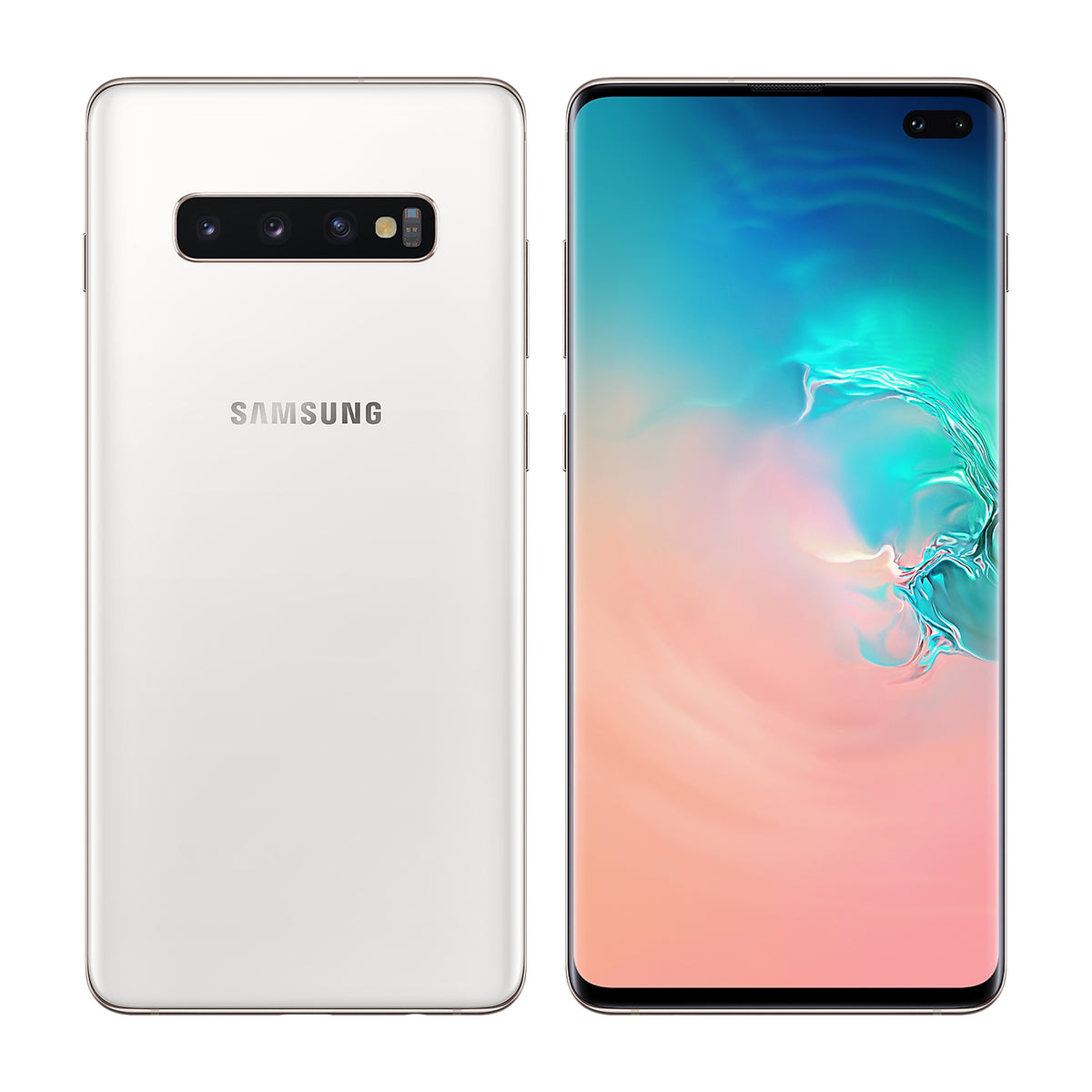 Samsung Galaxy S10+ in Ceramic White, front and back view