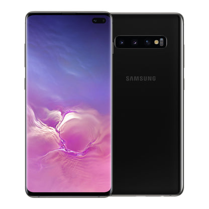 Samsung Galaxy S10+ in Prism Black, front and back view
